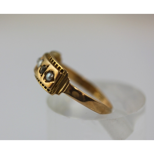 499 - A gold rose diamond and half pearl ring mounted with two rose diamonds alternating with three half p... 