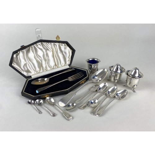 50 - A George VI three piece silver cruet set Sheffield 1937, a cased christening fork and spoon set, a f... 