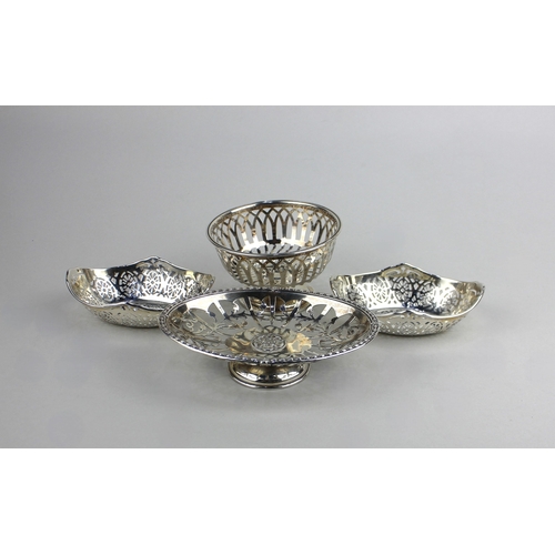 7 - A pair of George V silver oval pierced bonbon dishes Birmingham 1927 another single oval pierced dis... 