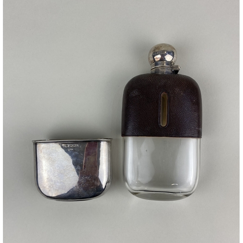 84 - A Victorian silver and leather mounted glass hip flask by James Dixon & Sons Ltd, with removable cup... 