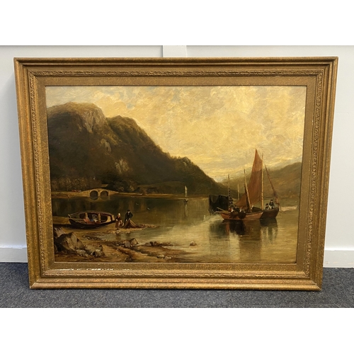 921 - British School (19th century), 'seashore with fishing boats and fisherfolk'. oil on canvas, 75cm by ... 