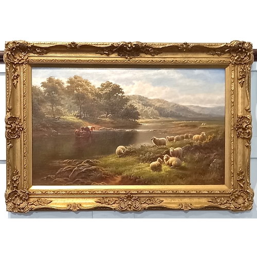 922 - Walter J Watson (b 1879) bucolic landcape with sheep and cattle watering, oil on canvas, signed, 40c... 