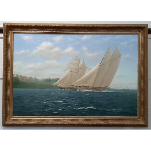 924 - Stephen J Renard (20th Century b.1947) Racing schooners of a headland, with shipping in the distance... 
