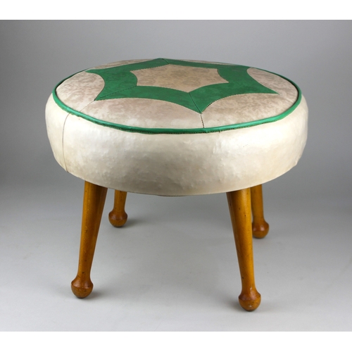960 - A mid 20th century upholstered circular footstool on four sloping legs, base marked 'Genuine Sherbor... 
