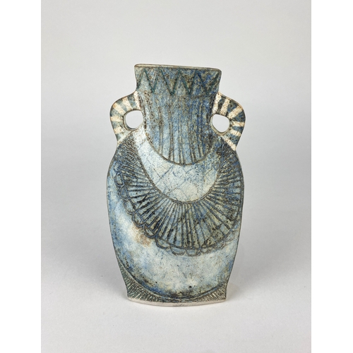 10 - Terri Holman, a studio pottery two handled vase of flattened form with incised decoration, incised i... 