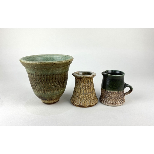 101 - Ray Marshall (1913-1986), two studio pottery vases and a milk jug, all with textured decoration and ... 