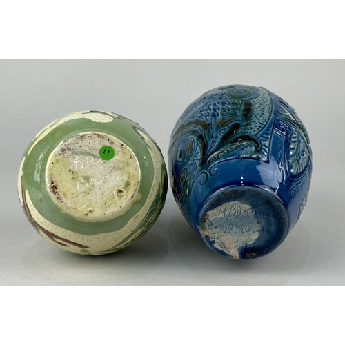 111 - Two CH Brannam Barum art pottery vases decorated with fish, one of baluster form in blue glaze 15cm ... 