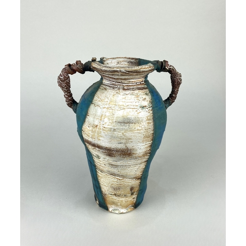 12 - John Kershaw (b 1940), a two handled vase with turquoise and white glaze, 21.5cm high (ARR) purchase... 