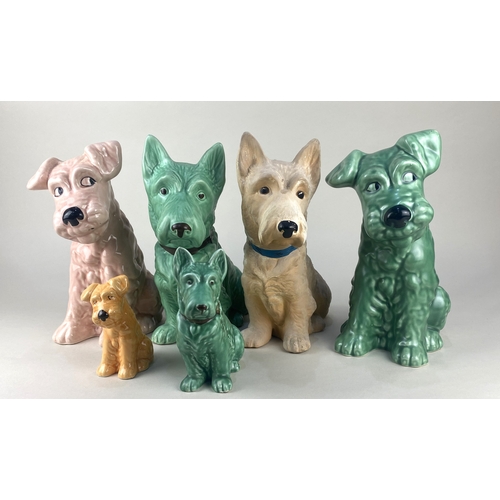 121 - Six Sylvac post 1982 models of dogs comprising two no 1209 in green and overpainted white 28cm high,... 