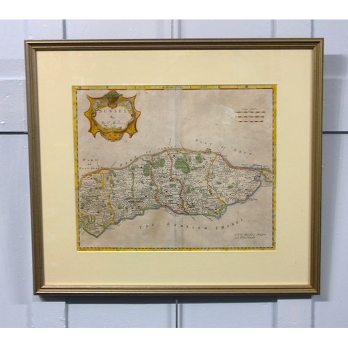 127 - A framed 17th century Robert Morden map of Sussex 33cm by 40cm