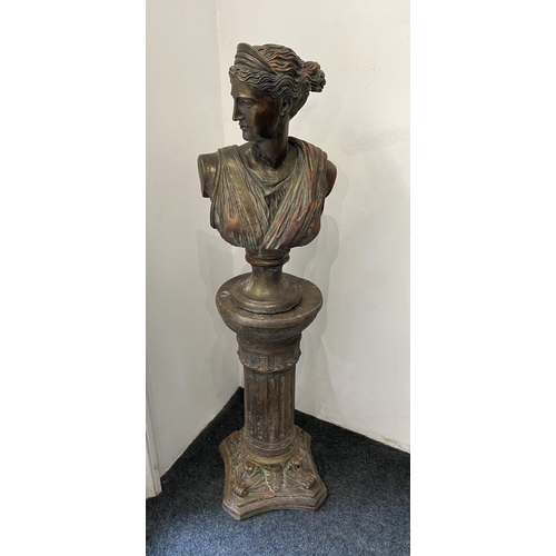 168 - A bronzed reconstituted stone but of Diana on pedestal base, 20th century, total height 107cm. ... 