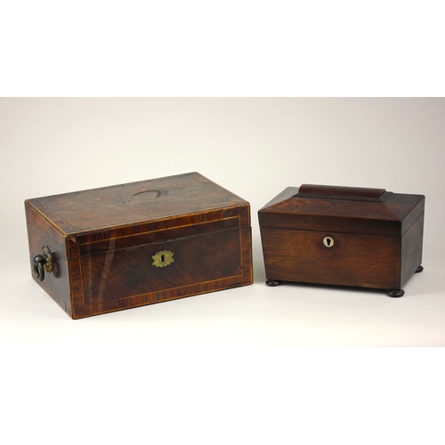 175 - A George III feathered mahogany work box with rosewood cross banding and boxwood stringing, flanked ... 