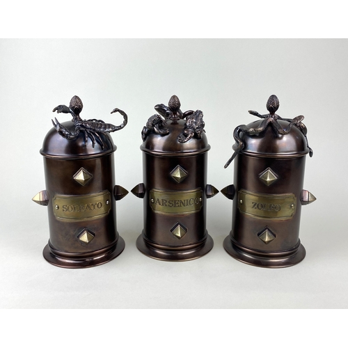 178 - A set of three Alchemists style pots, labelled for 'ZOLFO', 'SOLFATO', and 'ARSENICO', the domed lid... 