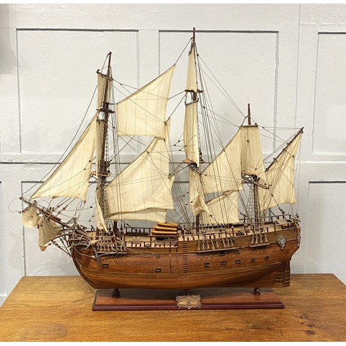 188 - A scratch built model ship 'HMS Endeavour 1768', wooden built with rigging and sails, 20th century, ... 