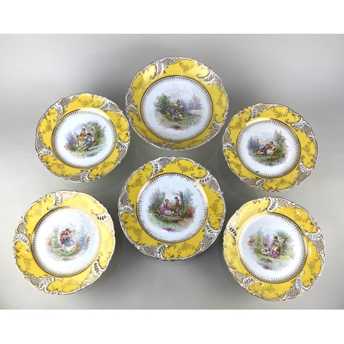 19 - A 19th century German porcelain dessert service with central painted vignettes of courting couples i... 