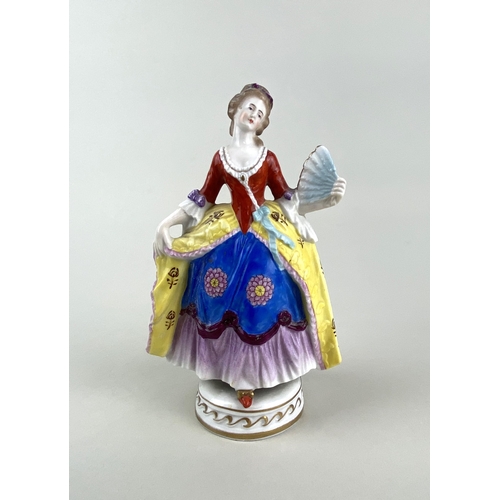 23 - A 19th century porcelain figure of a lady holding a fan, gold anchor mark verso 20.5cm high... 