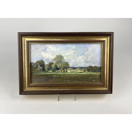 307 - Norman Battershill (b 1922), rural landscape view across fields with distant cattle, oil on board, i... 