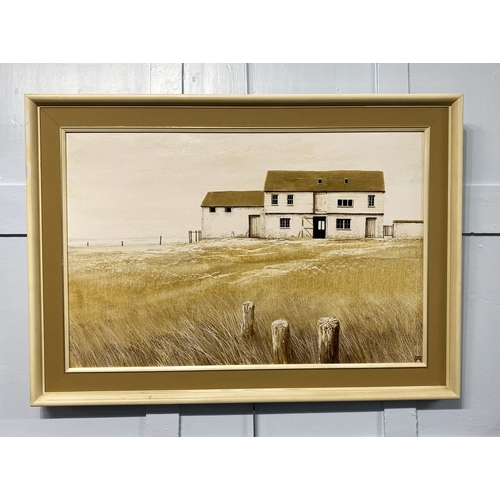 309 - Kathleen Caddick (b 1937) rural winter landscape with outbuildings, oil on board, monogrammed, 48cm ... 