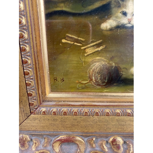 322 - Manner of Bessie Bamber (1870-1910), kittens, oil on board, bearing initials 'BB', 22cm by 16cm... 