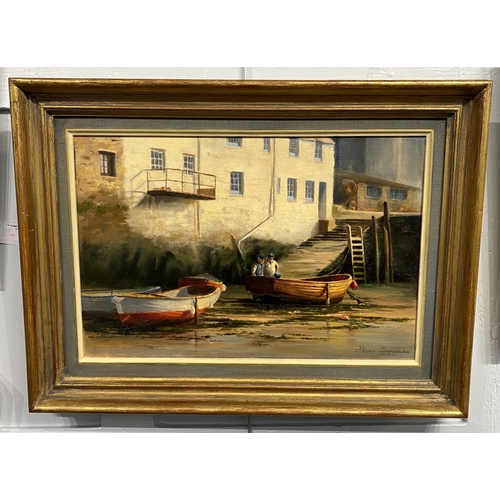 334 - Peter Symonds (b 1964), 'Down at Polperro', oil on canvas, signed, verso paper label for Godalming G... 