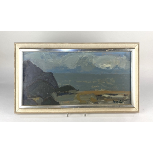 344 - Svan Grandin (Swedish 1906-1982), 'Winter Beach Scene', oil on board, signed, verso paper label for ... 