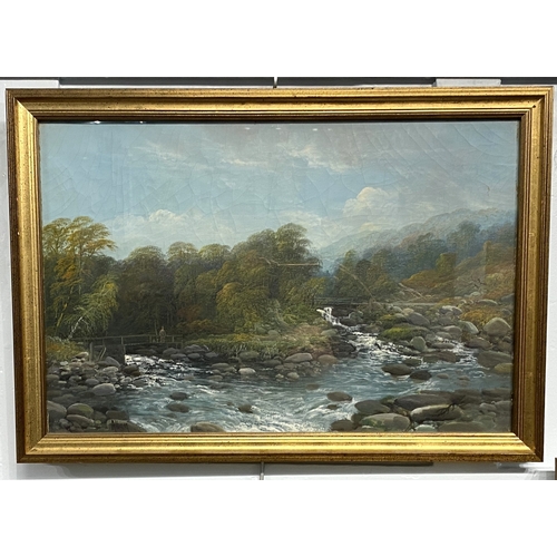 347 - Richard Allam (19th century), 'River landscape' with fisherman on a bridge and mountains beyond, oil... 