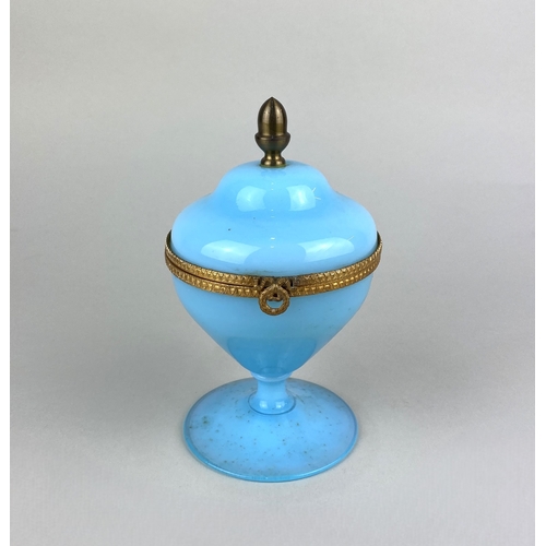 37 - A French blue opaline glass gilt metal mounted hinged box on pedestal base to circular foot 16cm hig... 