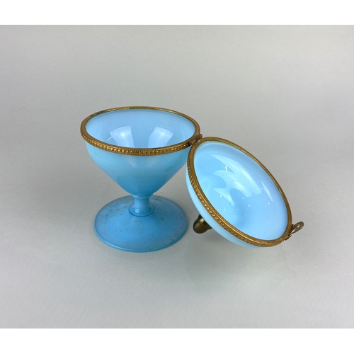 37 - A French blue opaline glass gilt metal mounted hinged box on pedestal base to circular foot 16cm hig... 