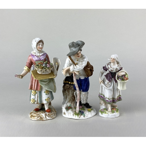 92 - A Meissen porcelain figure modelled as an 18th century man wearing a satchel and leaning on a staff,... 