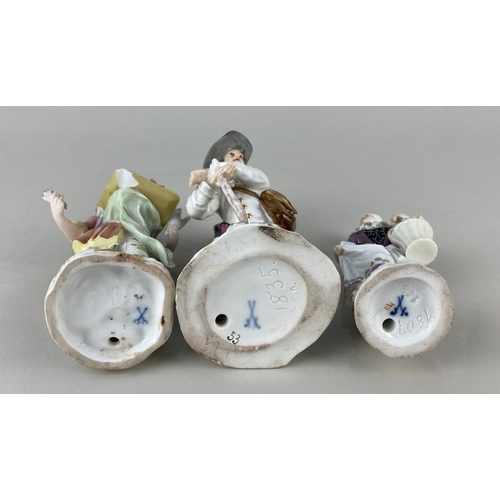 92 - A Meissen porcelain figure modelled as an 18th century man wearing a satchel and leaning on a staff,... 