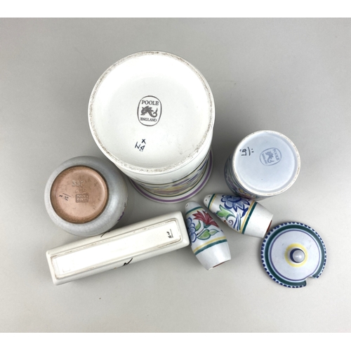 102 - A collection of Poole pottery with floral pattern on white ground, comprising cylinder vase 22cm hig... 