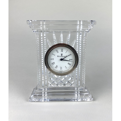 107 - A Waterford crystal mantle clock, signed 'Waterford Ireland', 18cm high.... 