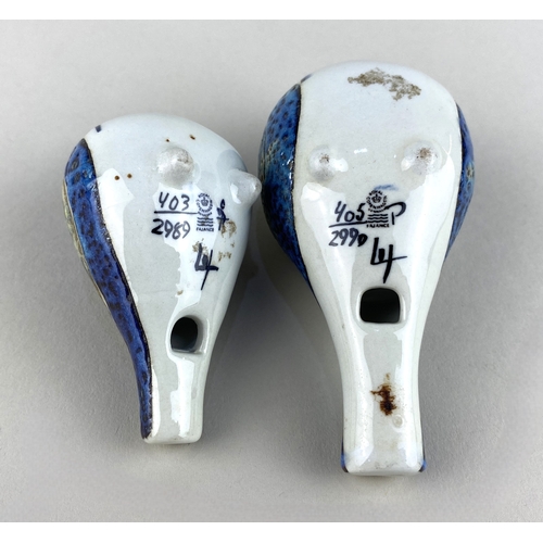 115 - Two Royal Copenhagen fajance ceramic novelty bird whistles with distinctive tones, 8cm and 9cm... 