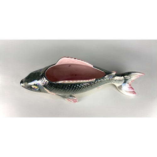 50 - A lustre glazed ceramic fish vase table centre realistically modelled as a salmon, with top opening ... 