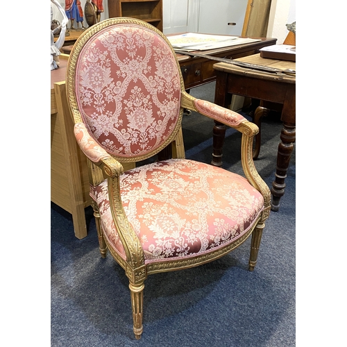 545 - A French style giltwood upholstered open armchair with pink embroidered oval tapestry back and seat ... 