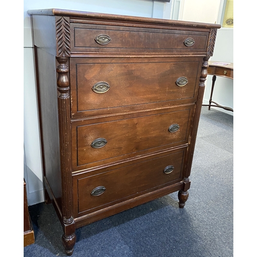 553 - A reproduction mahogany tall chest of one narrow drawer over three standard drawers, with brass oval... 