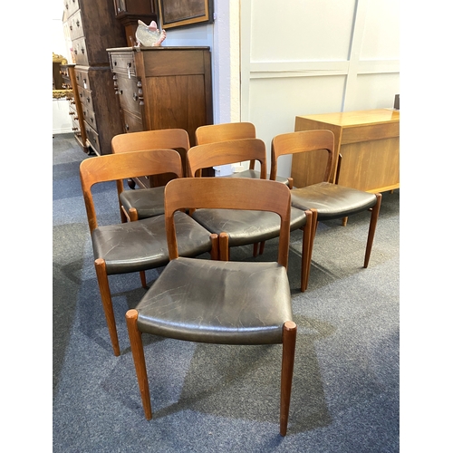 575 - A set of six Niels Otto Moller teak dining chairs with leather seats, some with original labels to b... 