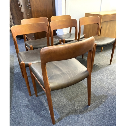 575 - A set of six Niels Otto Moller teak dining chairs with leather seats, some with original labels to b... 