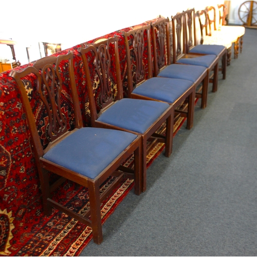 586 - A set of six Chippendale revival mahogany dining chairs, late Victorian / Edwardian, having lattice ... 