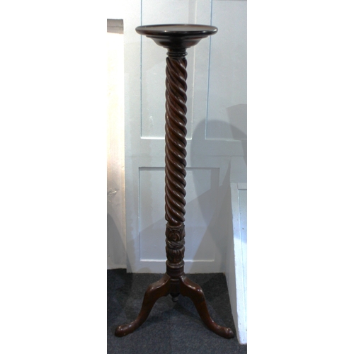 587 - An Edwardian mahogany torchiere, the circular dished top on a spiral fluted column and three cabriol... 