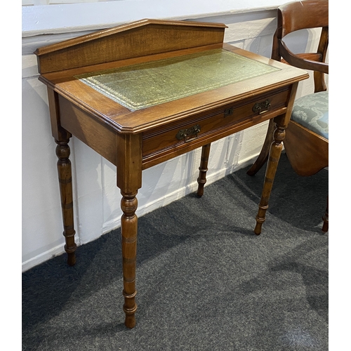 593 - A Victorian rectangular side table / desk with raised back and inset green tooled leather top, singl... 