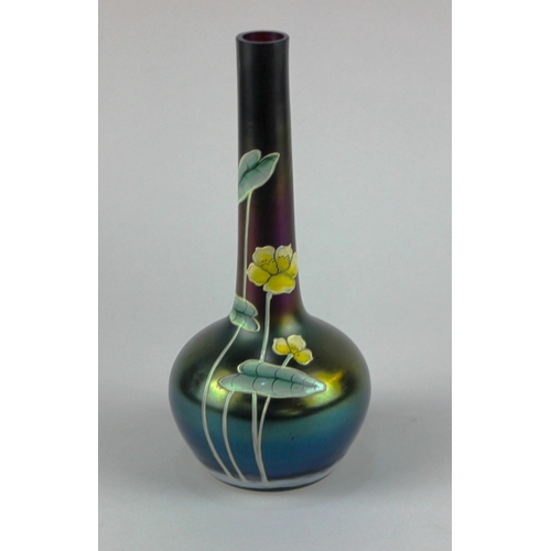 63 - A c1900 Ferdinand von Poschinger iridescent glass bottle vase with polychrome enamel floral decorati... 