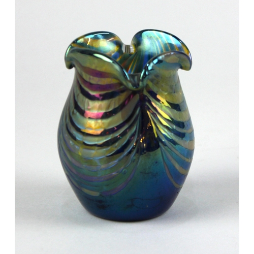 69 - A c1900 Kralik iridescent blue glass vase, with banded gold decoration 9.5cm high... 