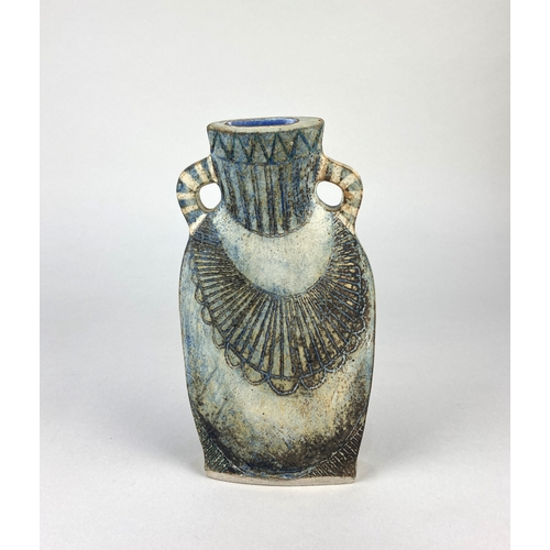 71 - Terri Holman, a studio pottery two handled vase of flattened form with incised decoration, incised i... 