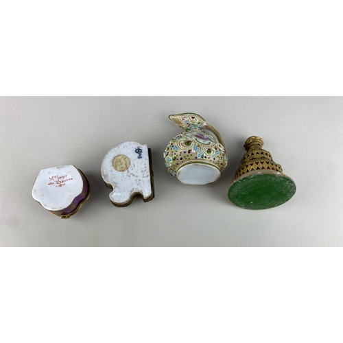 90 - A Continental gilt and enamelled snuff box, Frankenthal style mark to base, 7cm wide, a Sevres style... 