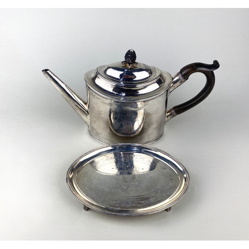 157 - A George III oval silver teapot on matching stand, maker Peter & Ann Bateman, London 1795, both ... 