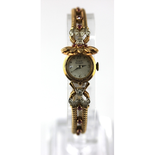 178 - A Girard Perregaux 9ct gold ruby and diamond ladies cocktail bracelet wristwatch, the sprung dial co... 