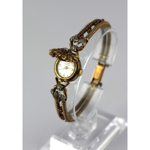 178 - A Girard Perregaux 9ct gold ruby and diamond ladies cocktail bracelet wristwatch, the sprung dial co... 