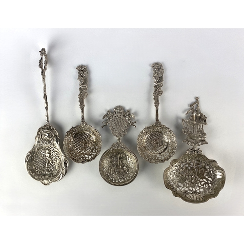 19 - Four ornate Dutch .830 silver spoons, and one other similar with import marks for London 1895, total... 