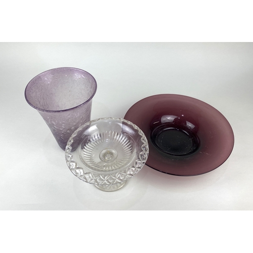 416 - Glassware: comprising an Arts & Crafts purple tinted bubble glass vase of flared circular form, ... 